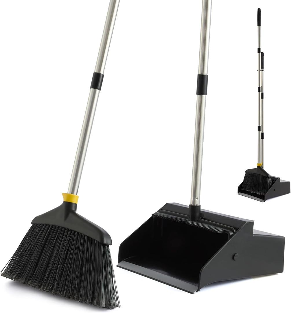 Commercial Broom and Dustpan Set, Broom with Dustpan Combo Set, Outdoor Brooms Sweeping for Floors, Pet Hair, Leaf, Dust Pan Broom Sets for Garage Courtyard Kitchen Home Lobby Indoor