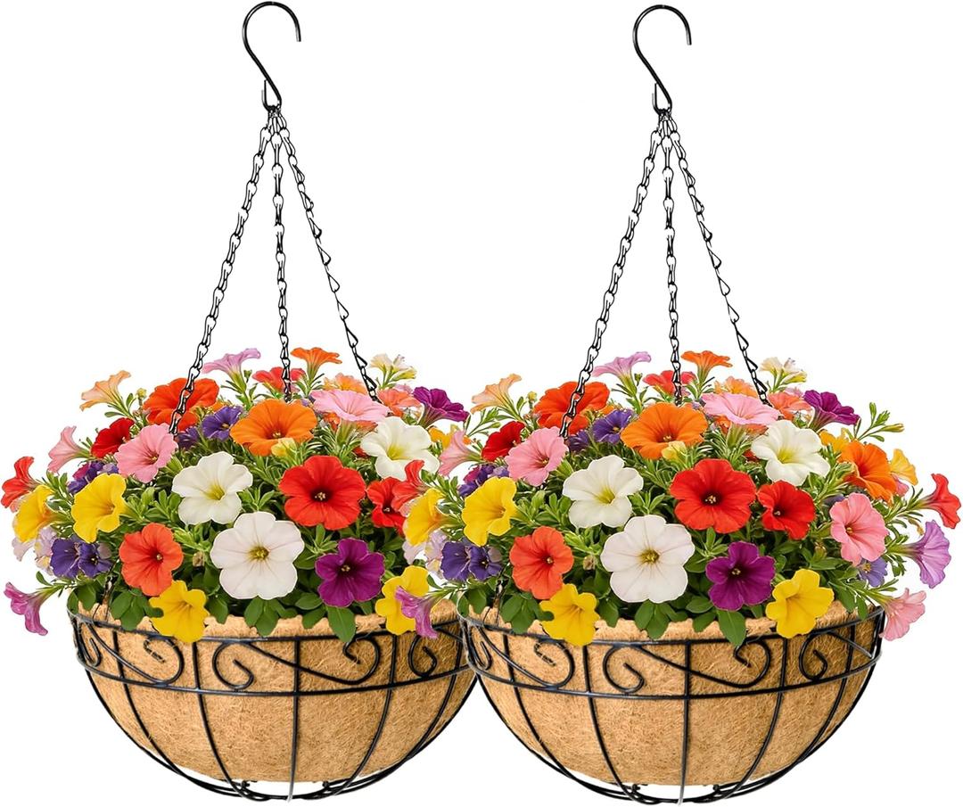 EIMQUVW 2 Pack Outdoor Patio Hanging Baskets 12 Inch Chain Link Round Metal Hanging Planters with Coco Liner Wire Flower Pots Suitable for Balconies Porches Gardens and Windowsills (Lacework)