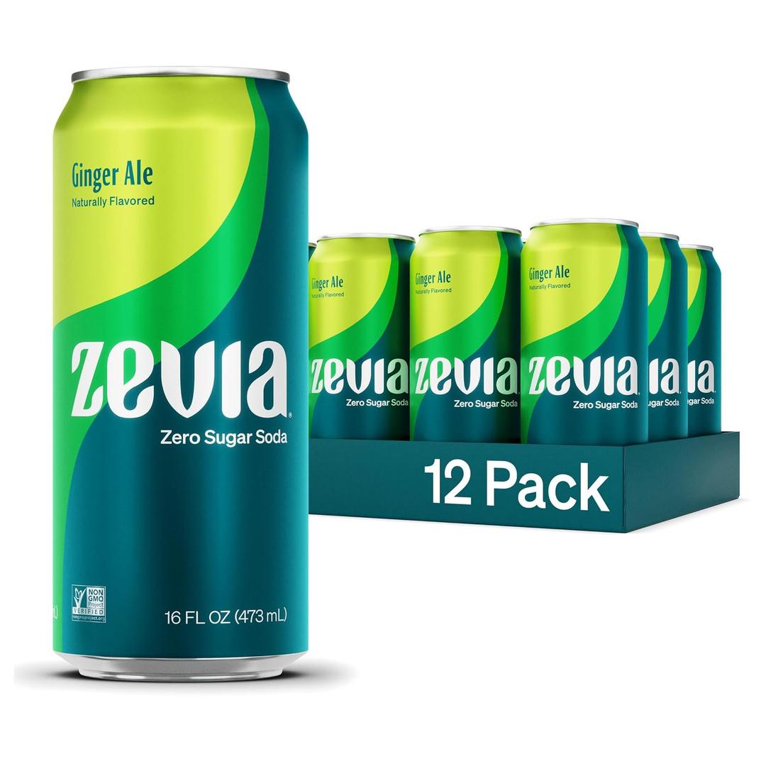 Zevia Zero Sugar Soda, Ginger Ale, 16 oz Cans (12-Pack) Naturally Sweetened, Non-GMO Project Verified, Gluten-Free, Vegan, BB: 04/02/2027