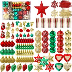 Garma Christmas Balls Ornaments Set, 145Pcs Christmas Tree Garland Red Green Gold Shatterproof Plastic Decorative Baubles for Xmas Tree Hanging Balls Decorations Kit for Holiday Party Seasonal Decor