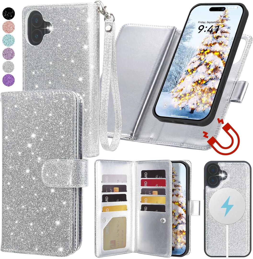 Varikke for iPhone 17 Wallet Case Compatible with Magsafe with RFID Blocking Card Holder for Women, Glitter Leather Wrist Strap Magnetic Flip Detachable Phone Case for iPhone 17 6.3", Silver