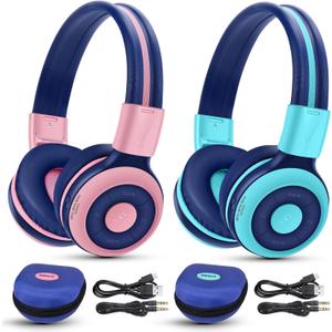SIMOLIO Kids Headphones Bluetooth Pack of 2 with 75dB,85dB,94dB Volume Limit, Wireless Kids Headphone with Mic & Hard Case, Children Headsets with Share Jack for Girls Boys, Toddlers (Pink+Mint)