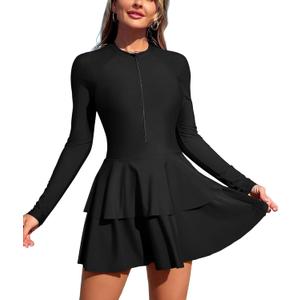 ZAFUL Women's One Piece Rash Guard Long Sleeve Modest Swimsuits Dress Zipper Bathing Suit Swimskirt, black, XX-Large