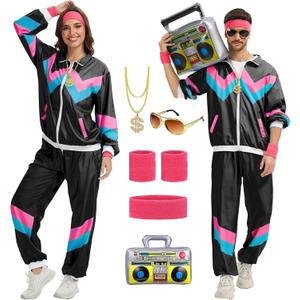 80s Outfit for Men Women-One Set 80s 90s Costumes with Accessories-Couples Track Suits for Halloween Carnival Party (X-Large, Black)