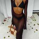 3 Piece Swimsuits for Women Sexy Halter Triangle Thong Bikini Sets with Sheer Mesh Beach Cover Up Dress Vacation Outfits (Black, XS)