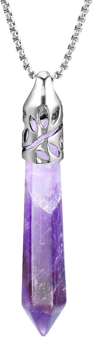 BEADNOVA Healing Crystal Necklace for Women Men Natural Amethyst Quartz Crystal Pendant Energy Healing Gemstones Jewelry Pendulum Crystal Divination (Hexagonal,18 Inches Stainless Steel Chain)