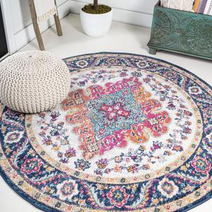 JONATHAN Y Boho Vintage Blue/Multi 5' Round Area Rug, Bohemian Flair Medallion, Floral Easy-Cleaning High Traffic for Living Room, Bedroom, Kitchen, Pet-Friendly, Non Shedding (BMF106A-5R)