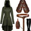 Suhine 5 Pcs Mardi Gras Renaissance Women Costume Medieval Hooded Robe Vintage Faux Leather Arm Pouch Belt (Large, Dark Green)