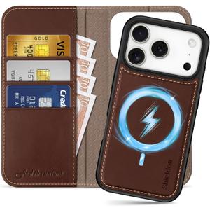 SHIELDON Genuine Leather Wallet Case for iPhone 17 Pro 6.3-inch 2025 | Detachable, Wireless Charging, Folio Magnetic, RFID Blocking Card Holder, Kickstand, Protective Cover - Retro Coffee