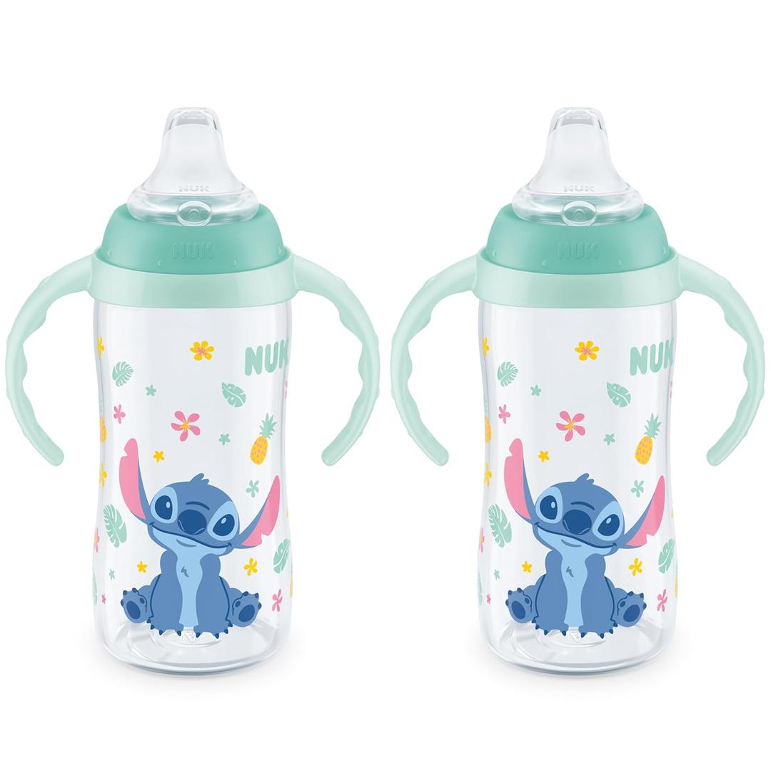 NUK Learner Cup, 10 Oz, Pack of 2, Disney's Stitch  Soft Spout, Easy-Grip Handles, BPA Free, Spill Proof Transition Sippy Cup