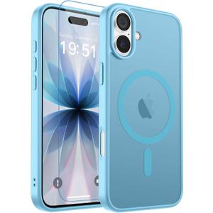 zapica Magnetic for iPhone 17 Case, with [Tempered Glass Screen Protector] [Compatible with MagSafe] Translucent Matte Shockproof Anti-Scratch Phone Cover, Light Blue