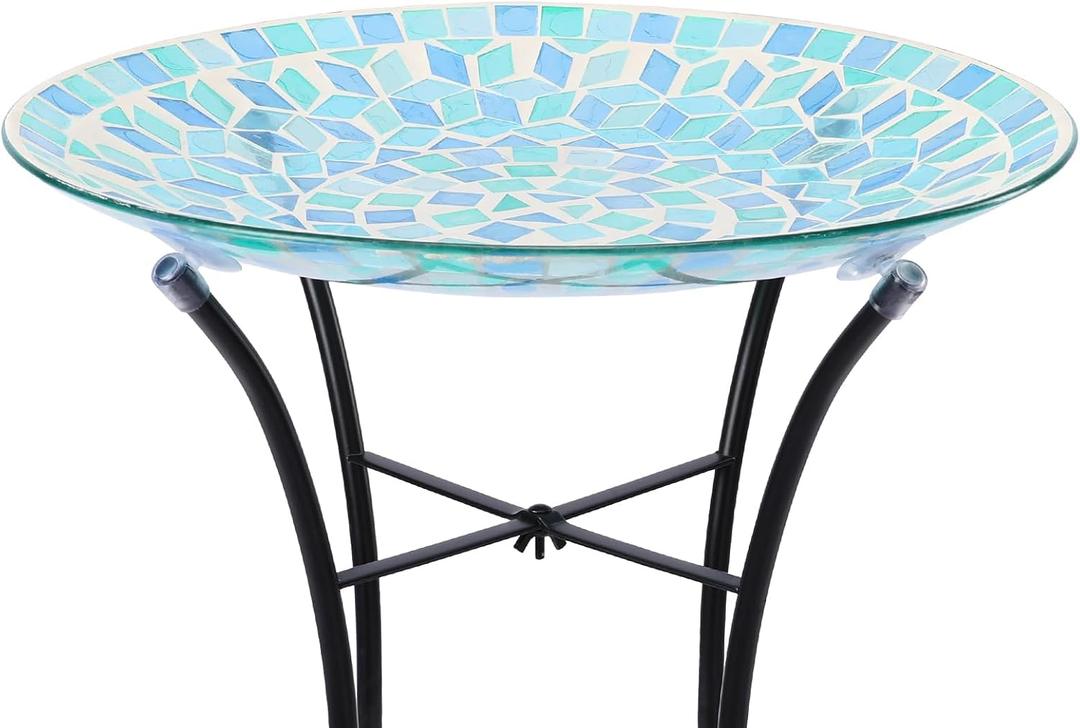 VCUTEKA Mosaic Bird Bath, Glass Birdbath Detachable with Metal Standing for Outdoor Patio Garden Backyard Dcor, Blue