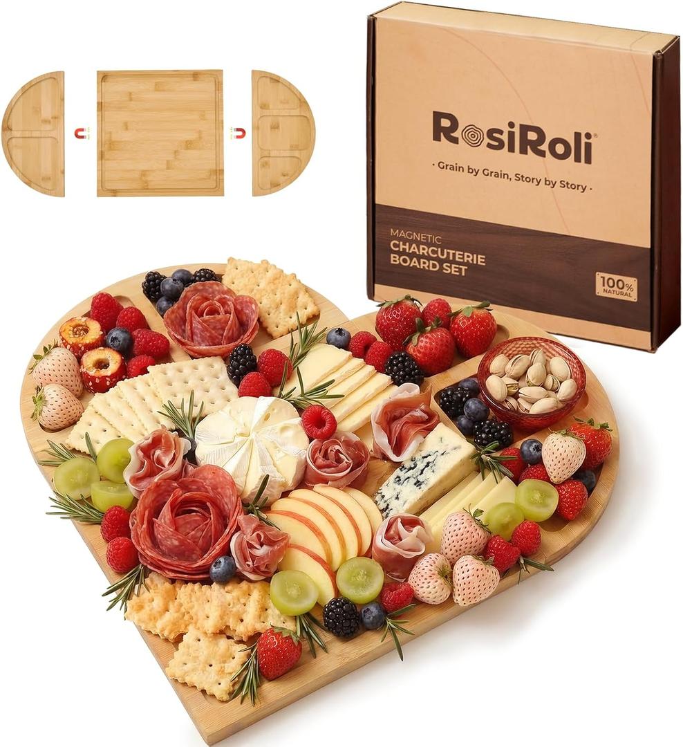 Charcuterie Board and Serving Set -Natural Bamboo Cheese Board Snack Tray Set with Magnetic - House Warming Gifts New Home, Wedding Gift for Couple, Bridal Shower Gift, Perfect for Party
