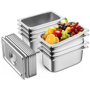 ZeroPone 8 Pack Hotel Pans with Lids, 1/4 Size 6" Deep Stainless Steel Steam Table Pan 22 Gauge Anti Jam Commercial Catering Food Pans for Hotel, Home, Party, Restaurant, Buffet