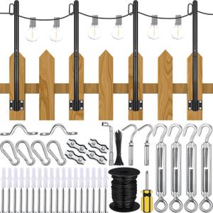 Outdoor Lights Hanging Kit Globe String Light Suspension Kit 98 ft Coated Stainless Steel Wire Cable 4 Pcs String Light Poles Outside Fence Post Lights with Clip Bracket Eye Turnbuckle Hooks