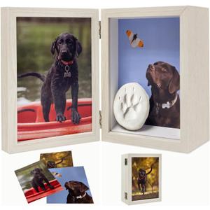 5x7 Pet Memorial Picture Frame Shadow Box for Dogs and Cats Frame Keepsake for 3 Photos Pet Paw Print Display Shadow Box with Double Hinges and Glass Front Memorial Gifts for Dog Lovers (White)