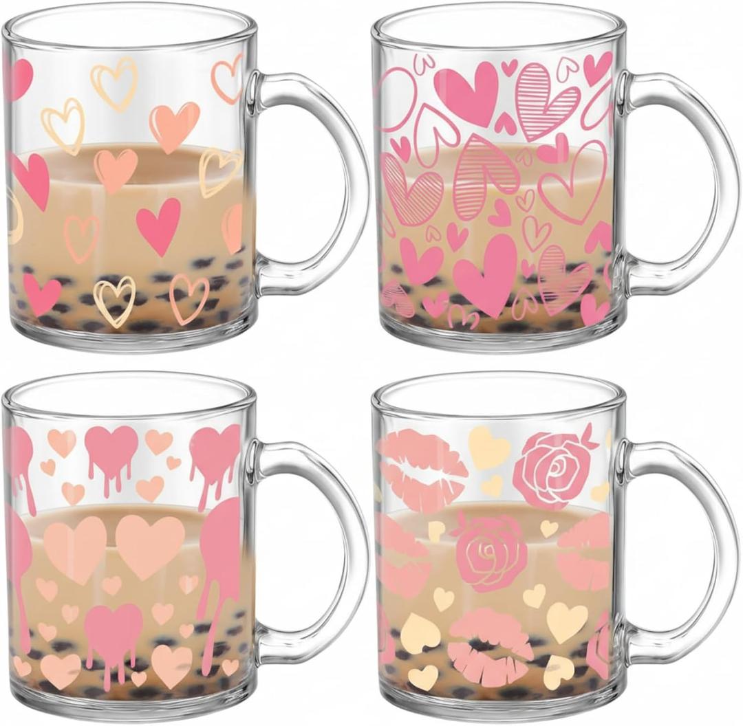 Tioncy 4 Pcs Valentines Heart Coffee Mugs 12 oz Heart Glass Cups with Handle Valentine's Day Pink Coffee Cup Sweet Love Gifts Drinking Mugs for Romantic Holiday Party