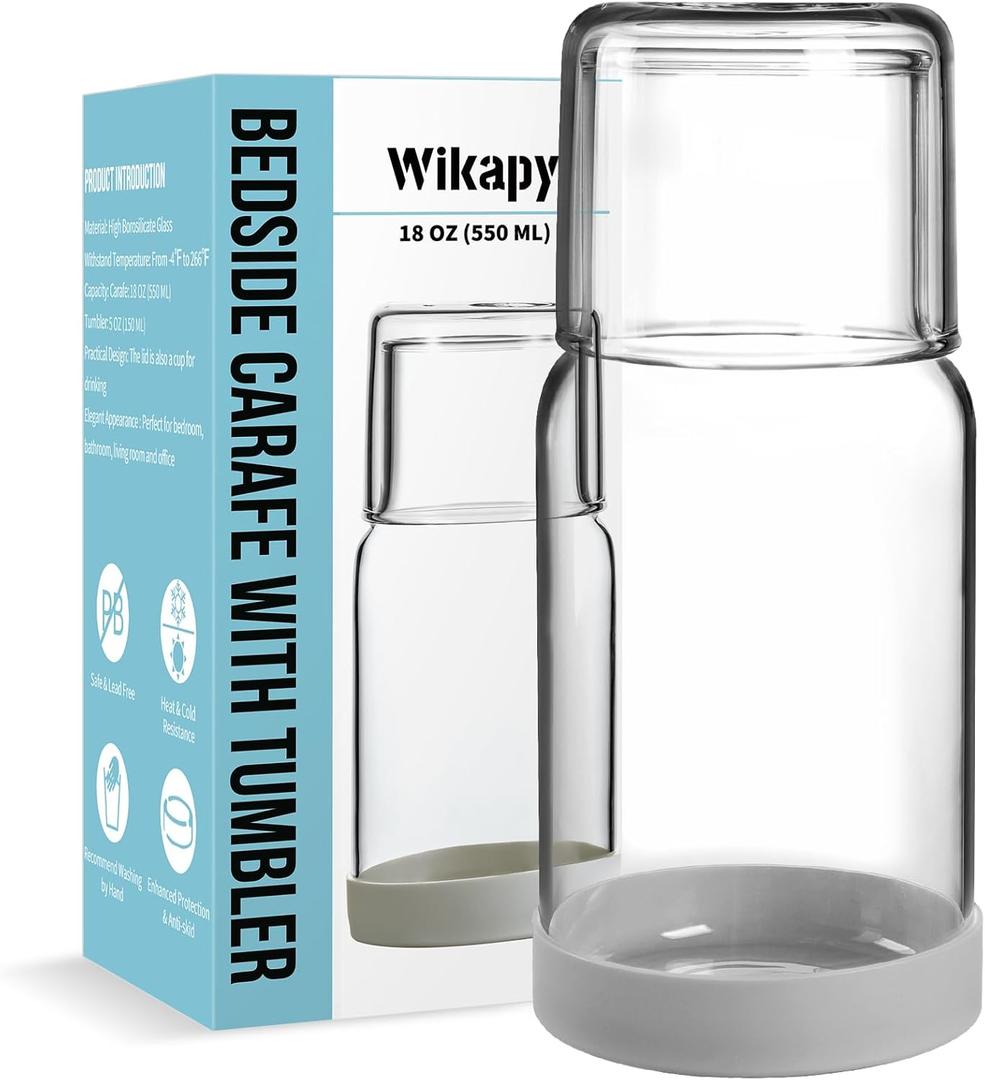 Wikapy Bedside Water Carafe and Glass Set, Night Bedside Carafe with Silicone Coaster, Water Carafe with Glass Cup for Nightstand Bedroom, Lead-free and Clear Mouthwash Dispenser for Bathroom, 18 OZ