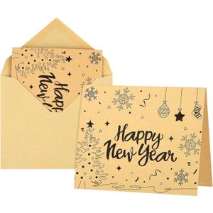 Morcheiong 36pcs Happy New Year Greeting Cards with Envelopes and Stickers Kraft Holiday Note Cards Blank Inside - Classic Style