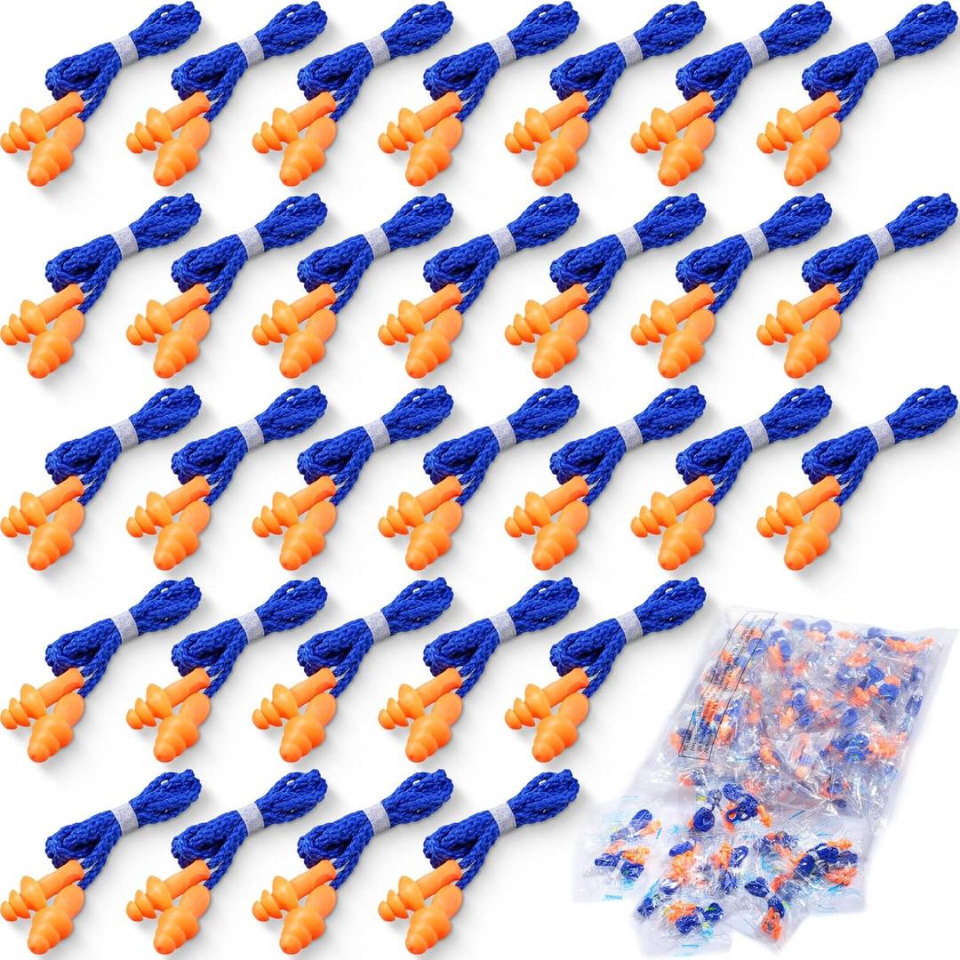 Tondiamo 200 Pairs Ear Plugs Reusable Silicone Earplugs with Cord Sleeping Individually Wrapped Hearing Protection Noise Cancelling Earplugs for Work Construction Shooting Sports(Blue, Orange)
