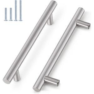 Probrico 10 Pack|T Bar Modern Cabinet Handles 6-1/3 inch Hole Centers, Stainless Steel Kitchen Cabinet Hardware Bedroom Drawer Pulls Euro Style Handles (Brushed Nickel)