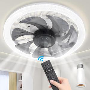 Socket Fan Light - 12" Socket Fan Ceiling Fan With Light and Remote, E26 Base, 4 Speed Wind Adjustment, 3000-6000k Dimmable LED Light for Bedroom, Kitchen (White)