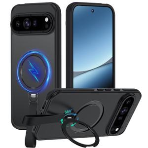 Mondelete for Google Pixel 10 Case/Pixel 10 Pro Case with 360 Spin Magnetic Stand-Finger Strap, [Fit for MagSafe][16FT Mil-Grade Protection] Ring Holder Kickstand Translucent Matte Phone Case (Black)