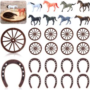 Junkin 24 Pcs Western Party Decorations Cowboy Centerpieces Mini Horse Figurines Small Metal Horseshoes Wagon Wheel Crafts for Cowboy Cowgirl Western Table Decorations Derby Party Decor Supplies