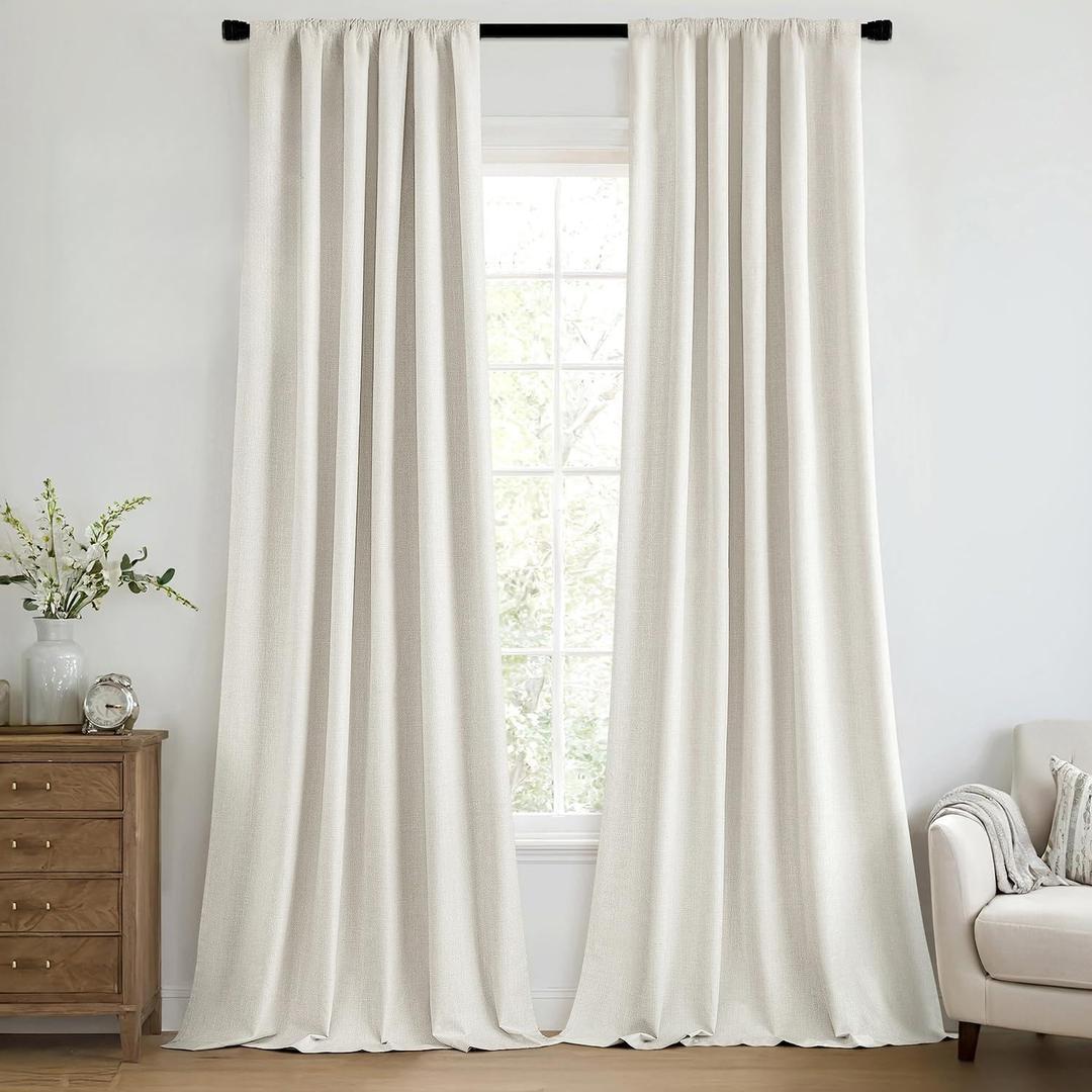 MIULEE 100% Blackout Curtains 96 Inch Long 2 Panels for Bedroom, Thick Faux Linen Black Out Curtain Room Darkening Back Tab Pleat Floor to Ceiling Window Drapes with Hooks for Living Room, Ivory