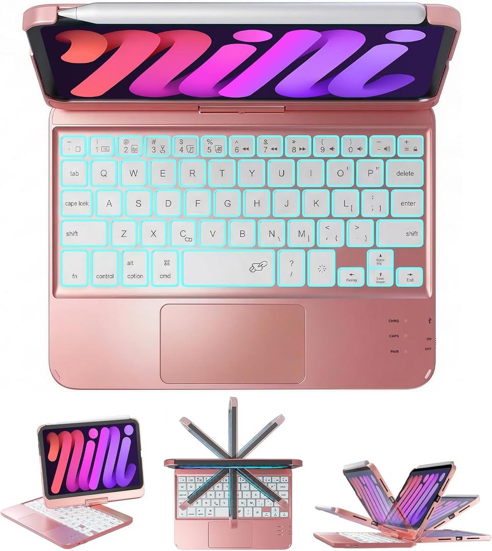 BABG Keyboard Case for iPad Mini 7 (A17 Pro, 2024) & Mini 6 (8.3 Inch) - 360 Rotatable & 180 Flip Stand with Multi-Touch Trackpad, 7-Color Backlit Wireless Keyboard Cover, Rechargeable Battery, Pink