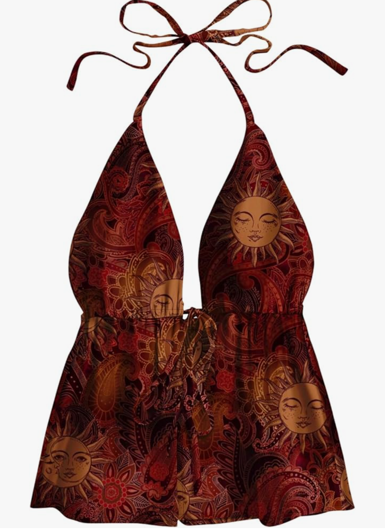 GORGLITTER Women's Tie Front Halter Top Graphic Split Backless Deep V Neck Goth Fairy Grunge Vest Tops Size M