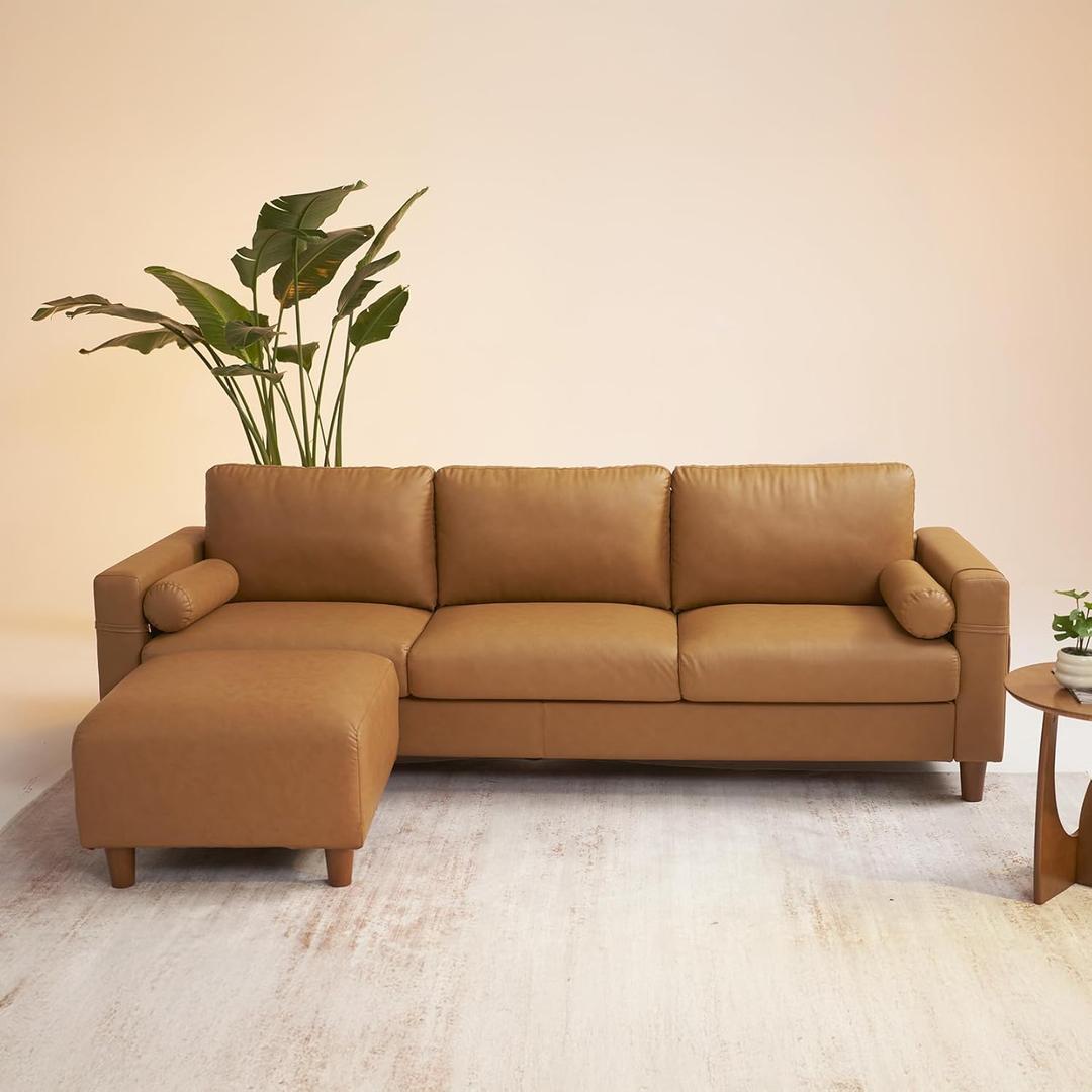 Vesgantti 100" Faux Leather Couch with Movable Ottoman, 3 Seater L Shaped PU Leather Sofa with Side Pocket, Comfy Mid Century Modern Modular Sectional Couch for Living Room, Apartment, Camel
