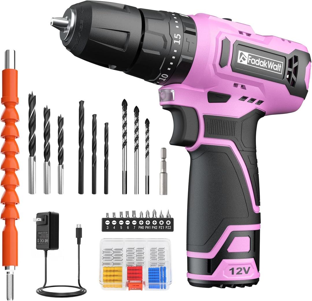 12V Cordless Drill Set with LED Light, 118-Piece Pink Home Tool Kit, Electric Drill Driver with 180 Inch-Pounds Torque (pink-1)