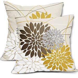Brown Yellow Pillow Covers 18x18 Dahlia Flower White Gray Elegant Colored Throw Pillows Farmhouse Outdoor Decor for Home Living Room Sofa Bed Modern Floral Linen Square Cushion Case, Set of 2