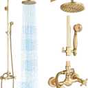 Antique Brass Shower System Bathroom Shower Faucet Set with 8 Inch Rainfall Shower Head Handheld Spray 2 Cross Handles Wall Mounted Outdoor Shower Fixtures Solid Brass