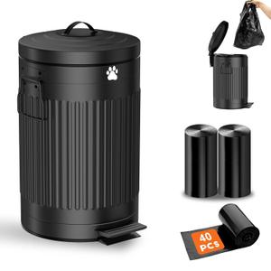 Dog Poop Trash Can Outside, 12L/3.1Gal Metal Dog Waste Trash Can with Lid, Foot Pedal, Dog Waste Container with 40 Waste Bags, Dog Poop Bucket with Lid Soft Close for Pet, Round Black Can