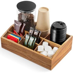 ALELION Acacia Wood Coffee Station Organizer for Countertop - 7 Compartments Coffee Bar Accessories and Organizer with Removable Dividers - Coffee and Tea Condiment storage Organizer