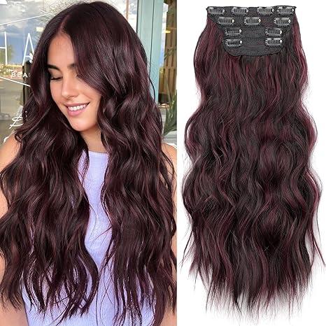 KooKaStyle Clip in Synthetic Hair Extensions Long Wavy 4PCS Thick Hairpieces Burgundy mix Dark Brown Fiber Double Weft Natural Hair Extensions 24 Inch for Women Burgundy mix Dark Brown