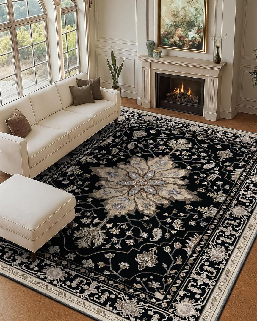 Area Rugs 9'x12' Washable Non-Slip, Floral Vintage Distress Print Pattern Medallion Carpet for Living Room Bedroom Dining Room, Black Brown Neutral Dark Tan