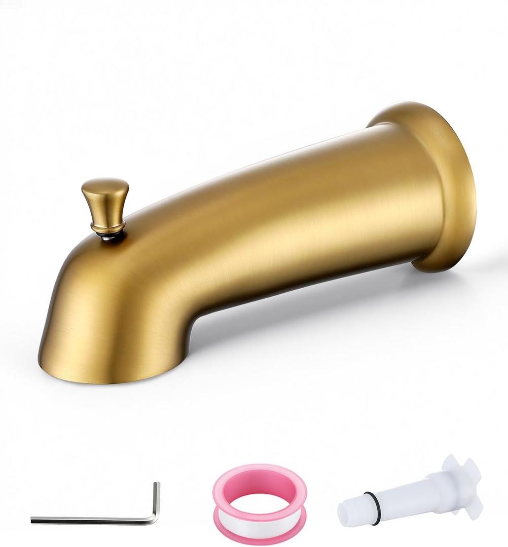 Slip On Bathtub Spout with Diverter, Extra Long 6 Inch Bathtub Spigot, Shower Spout with PTFE Tape & Hex Wrench, Fits for 1/2" IPS Threads,Brushed Gold