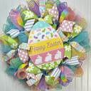Handmade Happy Easter Mesh Wreath - 24 Inch Pastel Front Door Decor with Jelly Bean Egg Sign, Burlap Ribbons, and White Bunny Silhouettes - Seasonal Spring Wall Decoration for Indoor/Outdoor Use
