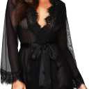 RSLOVE Women Lace Kimono Robe Sexy Babydoll Lingerie Mesh Cover Up Bridal Lingerie (Large, Black)