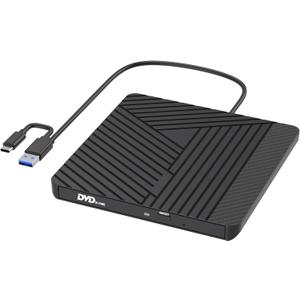MOSWAG External CD DVD Drive for Laptop Mac, USB 3.0 & USB C CD/DVD Burner +/-RW Optical Drive, Slim Portable DVD CD ROM Rewriter Writer Duplicator for Desktop, Windows 11/10 PC MacBook Pro Linux PCs (Black)