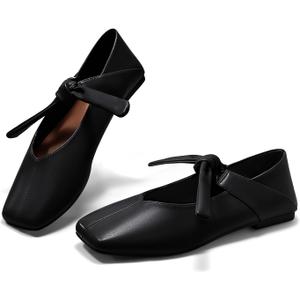 Coutgo Womens Mary Jane Flats Bow Square Toe Ballet Flats Dressy Comfortable Slip on Flat Shoes (8, Black)