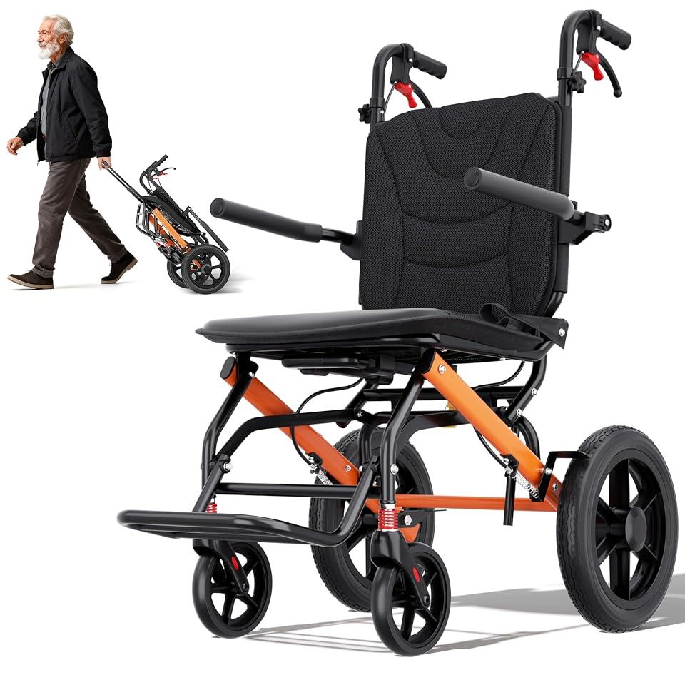 ProTraverse Wheelchairs for Adults,Transport Wheelchair Lightweight Foldable with Removable Cushion,Ergonomic Transfer Chair with 12-inch Rear Wheels for All Terrains,Travel Wheelchair, Orange