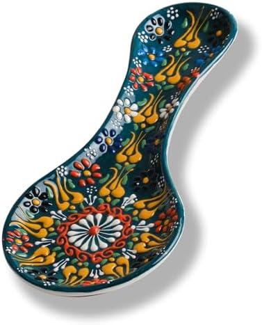 Handmade Spoon Rest, Ceramic Spoon Rest for Stove Top, 10" Spoon Rest for Kitchen Counter, Dishwasher Safe Spoon Holder for Stove, Housewarming Gifts Utensil Rest, Colorful Spoon Rests (Emerald Green)