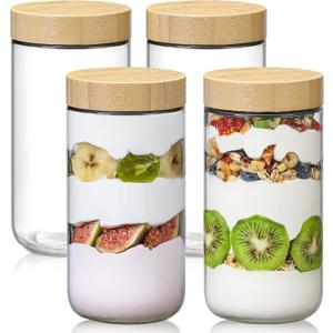 NETANY 4-pack 24oz Glass jars with Airtight Lids, Overnight Oats Containers with Bamboo Lids, Wide mouth Mason Salad jars, Glass Food Storage Containers for Snacks Yogurt Spice Sugar