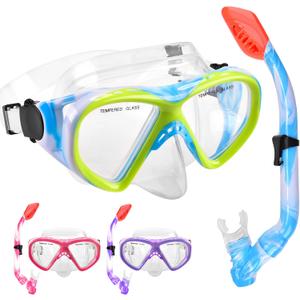 Kids Snorkel Set Dry Top Snorkeling Gear for Kids Youth Boys Girls Junior Age 5-15,Tempered Glass Swimming Diving Mask and Snorkel Set 180 Degree Panoramic View (Blue)