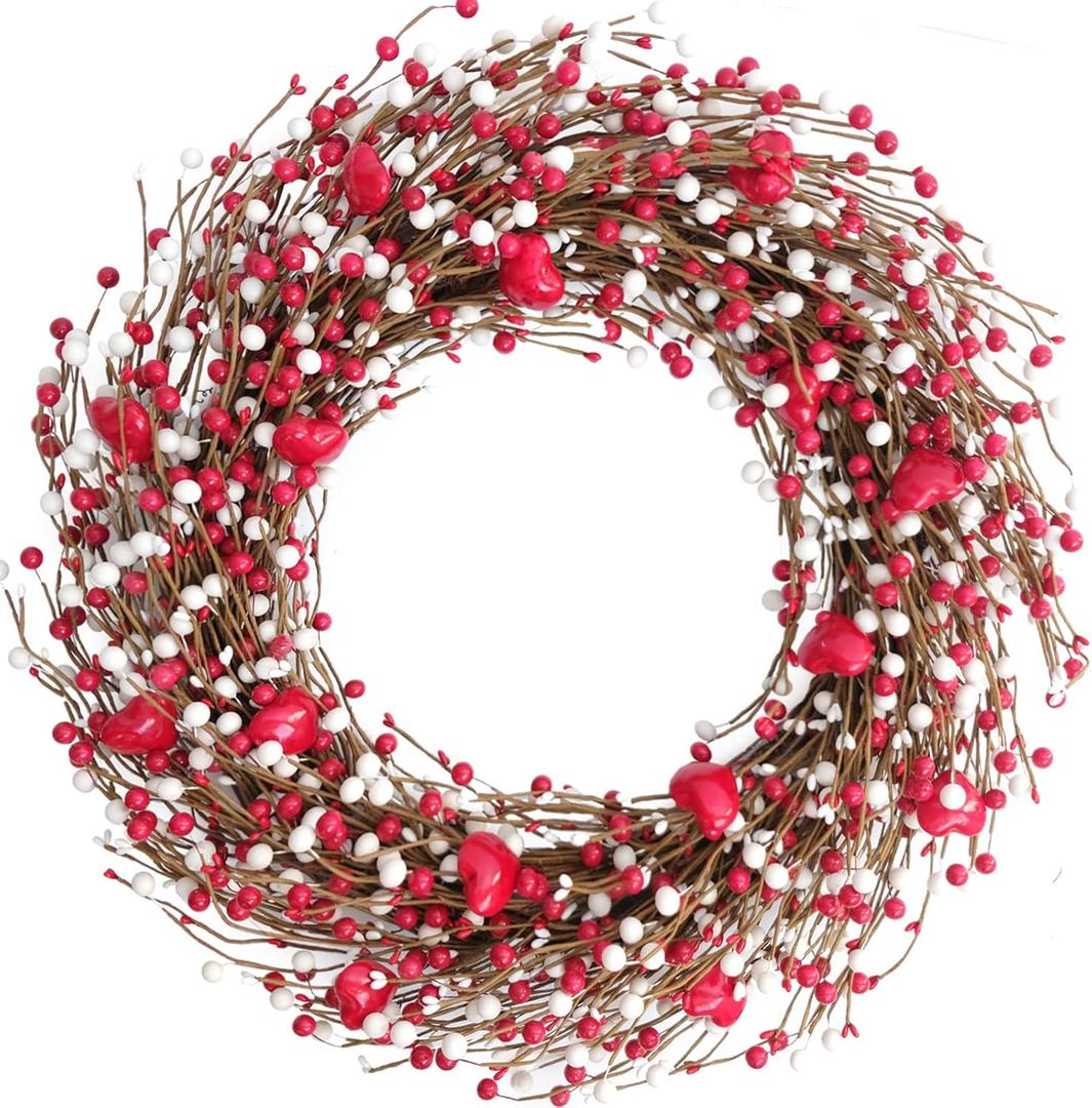 24 Inch Valentines Day Red and White Berries Wreath for Front Door, Heart Shape Shiny Berries Wreath for Home Decor, Wedding Red and White Wreaths for Indoor and Outdoor