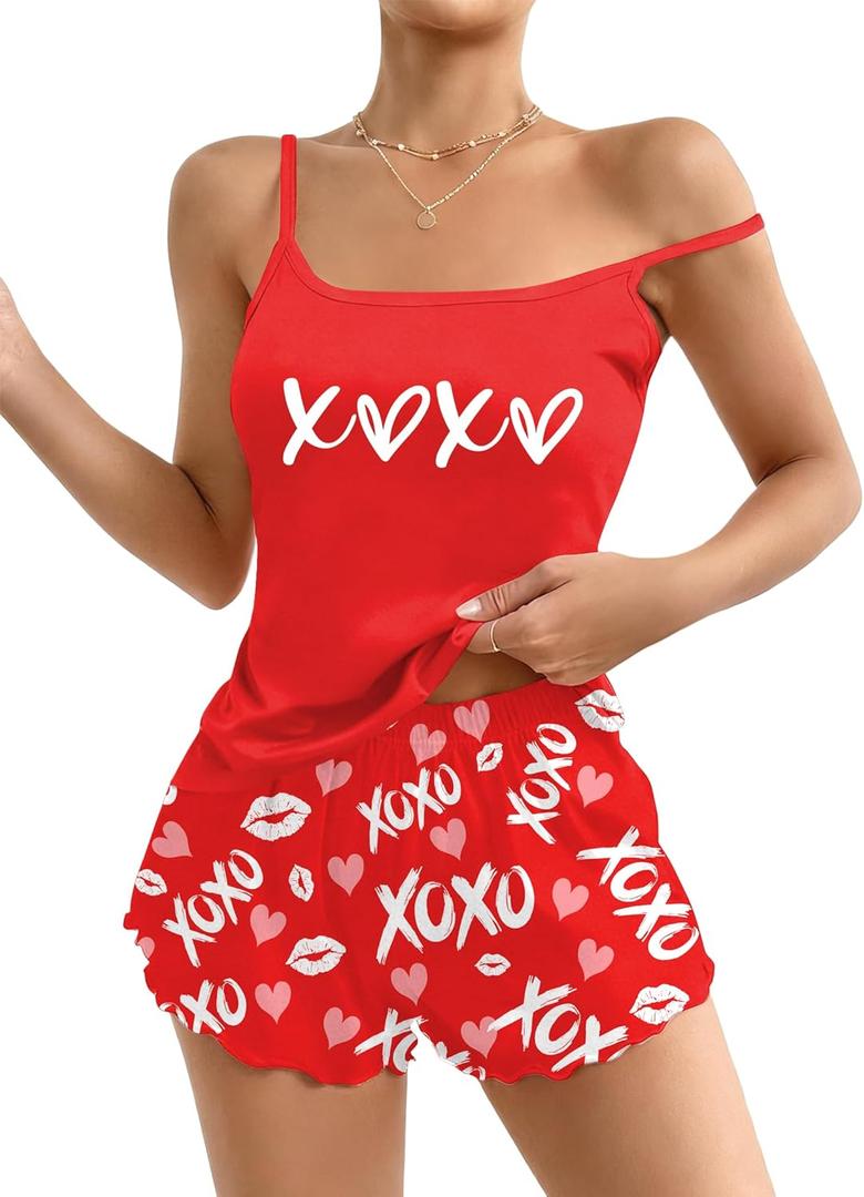 VVNTY Valentines Pajamas for Women: Valentines's Cami Top and Heart Shorts Camisole Pjs Set Loungewear Sleepwear (Medium, Red4)